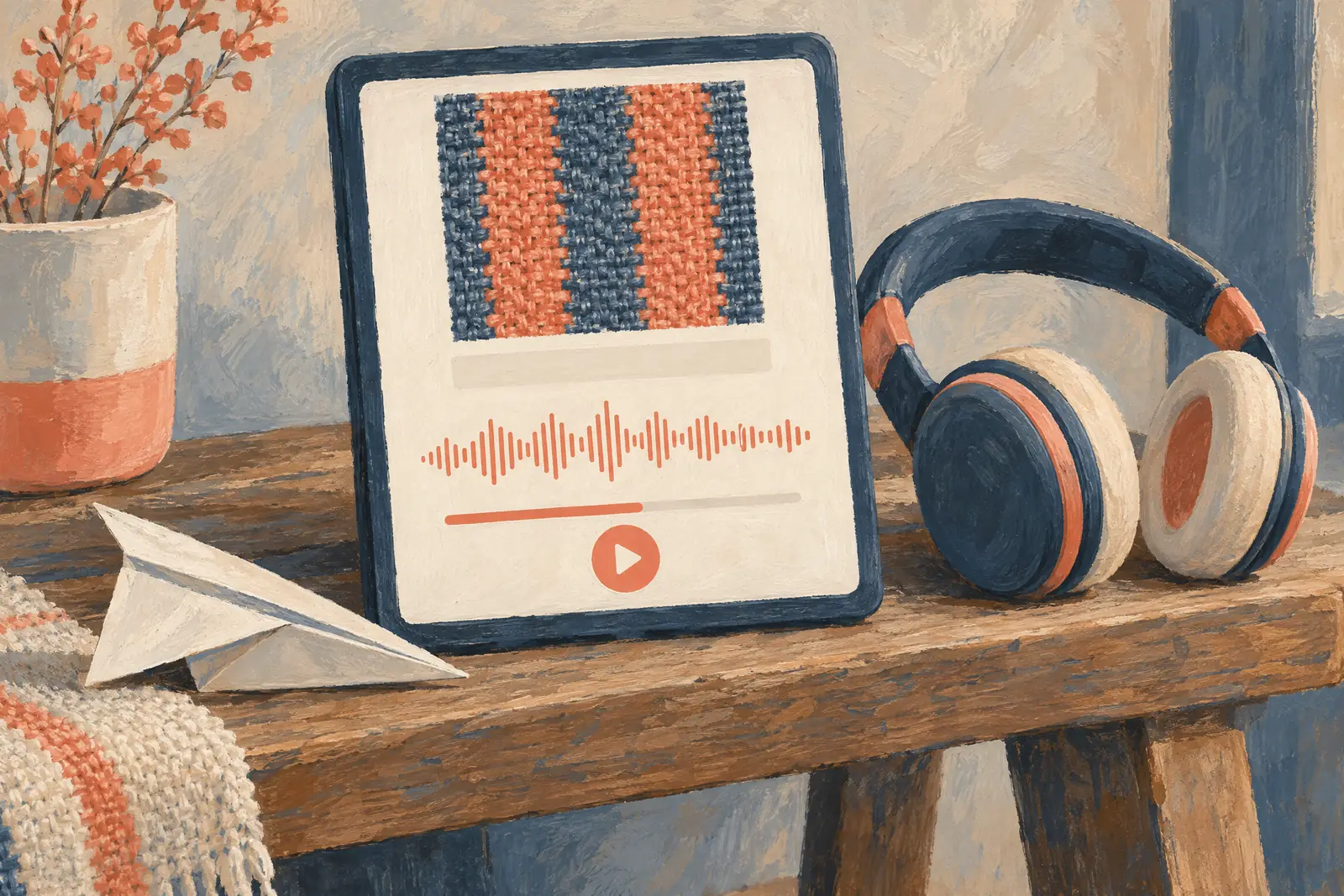 A ink studio still life of a audiobook product arranged with a paper airplane, in coral, sand, slate, and cream.