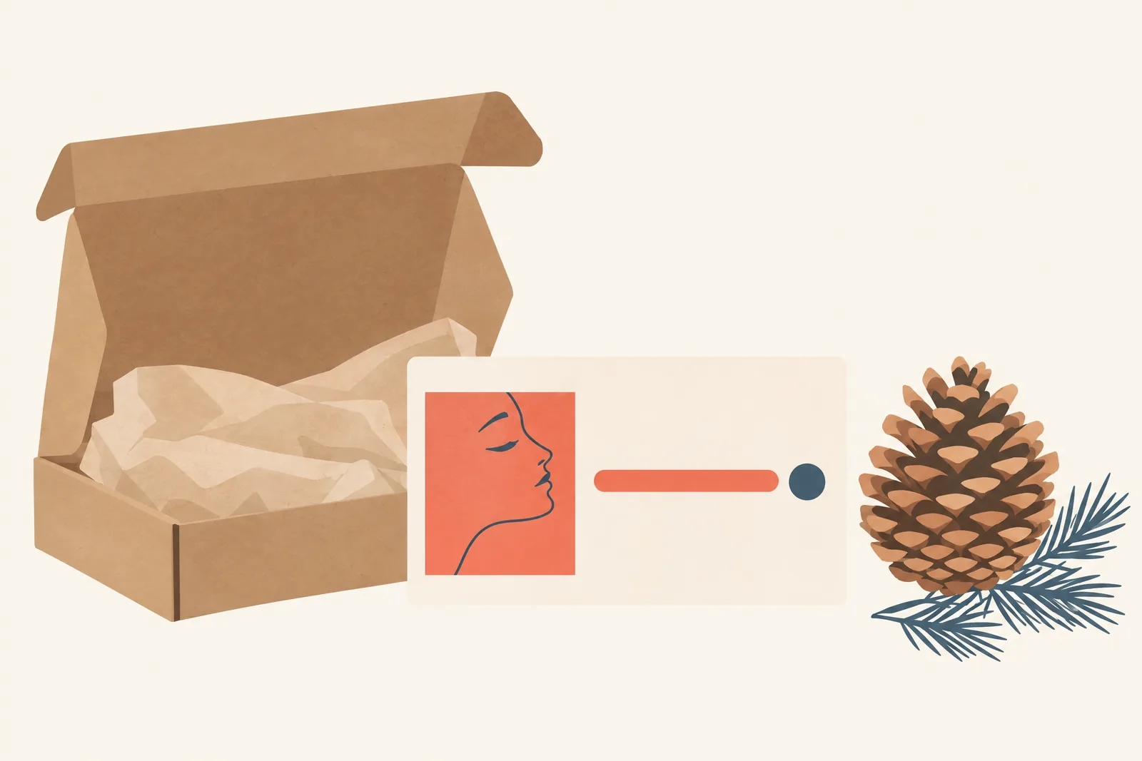A pottery shed still life of a delivery product arranged with a pinecone, in coral, sand, slate, and cream.