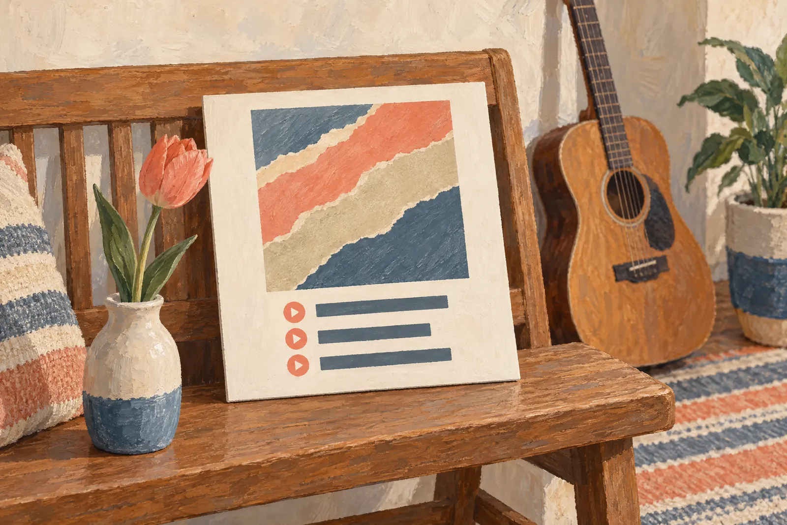 A garden shed still life of a music product arranged with a single tulip, in coral, sand, slate, and cream.