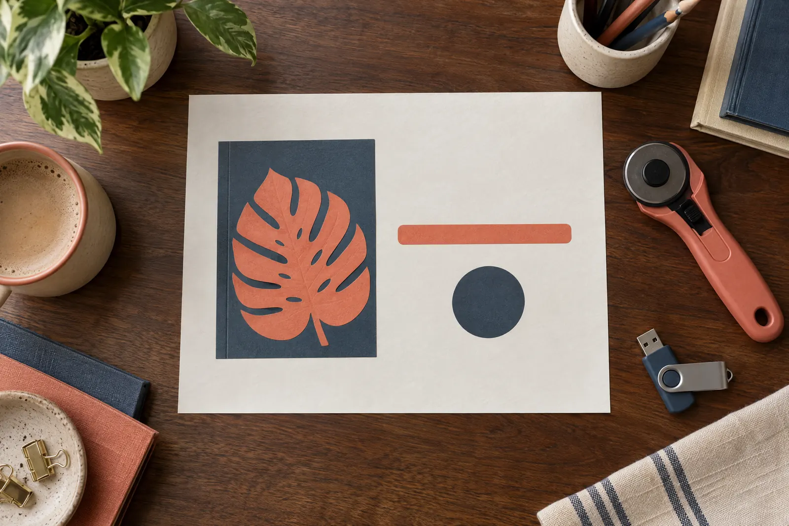 A loft corner still life of a software product arranged with a rotary cutter, in coral, sand, slate, and cream.