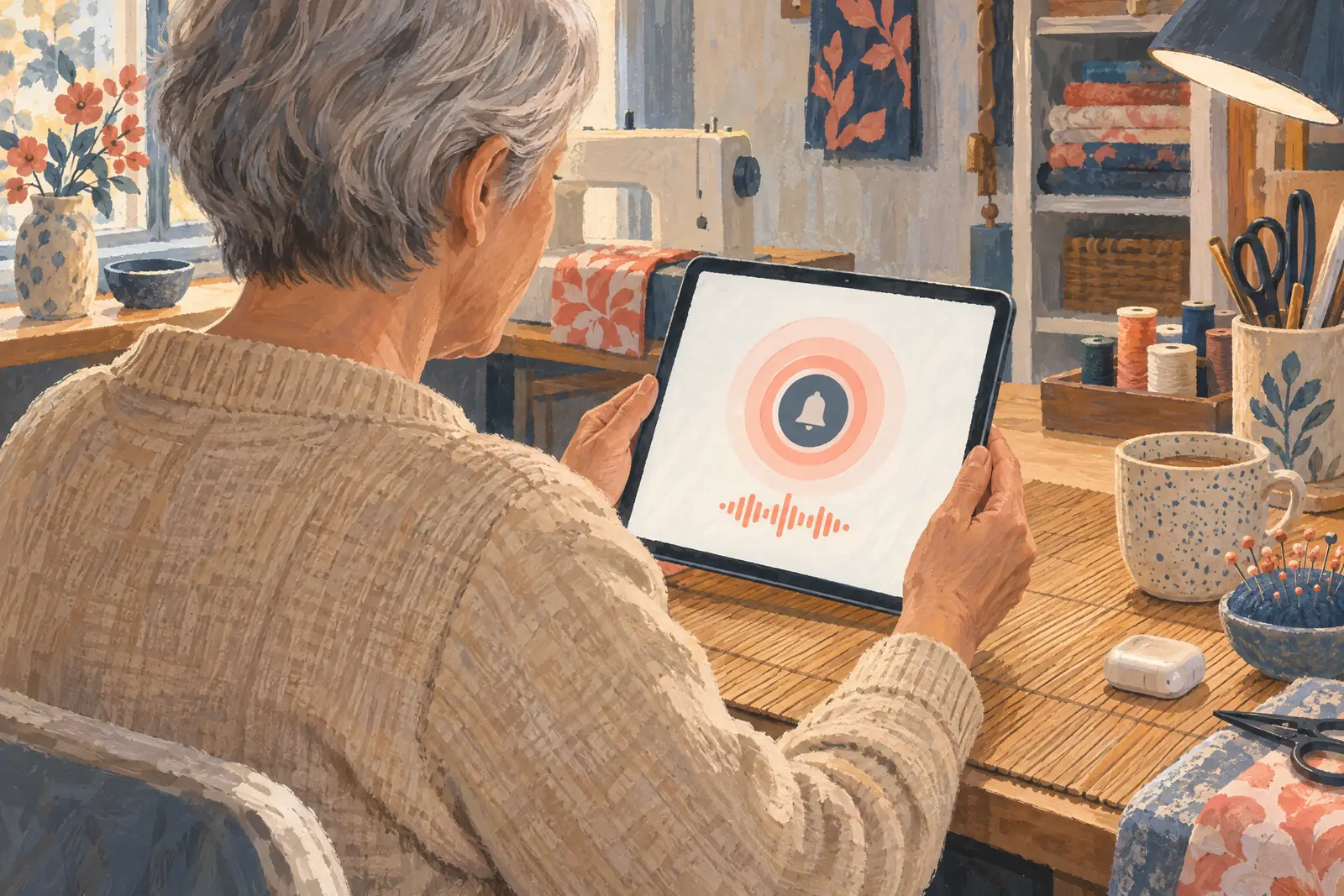 An older woman with cropped gray hair in a sand cardigan at a sewing room looks at a screen showing a ringtone product for sale, with a speckled ceramic cup beside them.