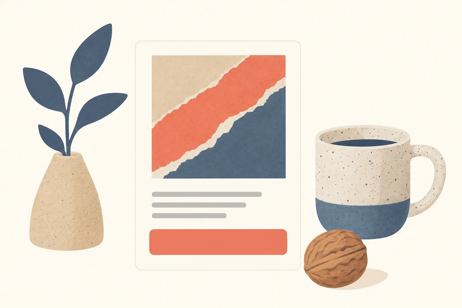 A record nook still life of a general product arranged with a walnut, in coral, sand, slate, and cream.