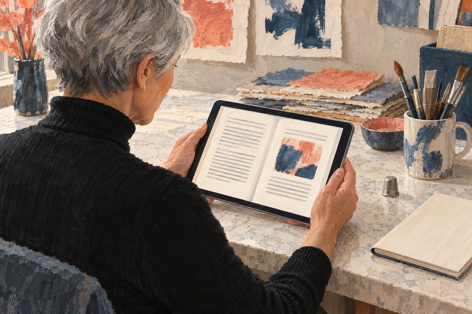 An older woman with cropped gray hair in a black turtleneck at a paper studio looks at a screen showing a book product for sale, with a metal thimble beside them.