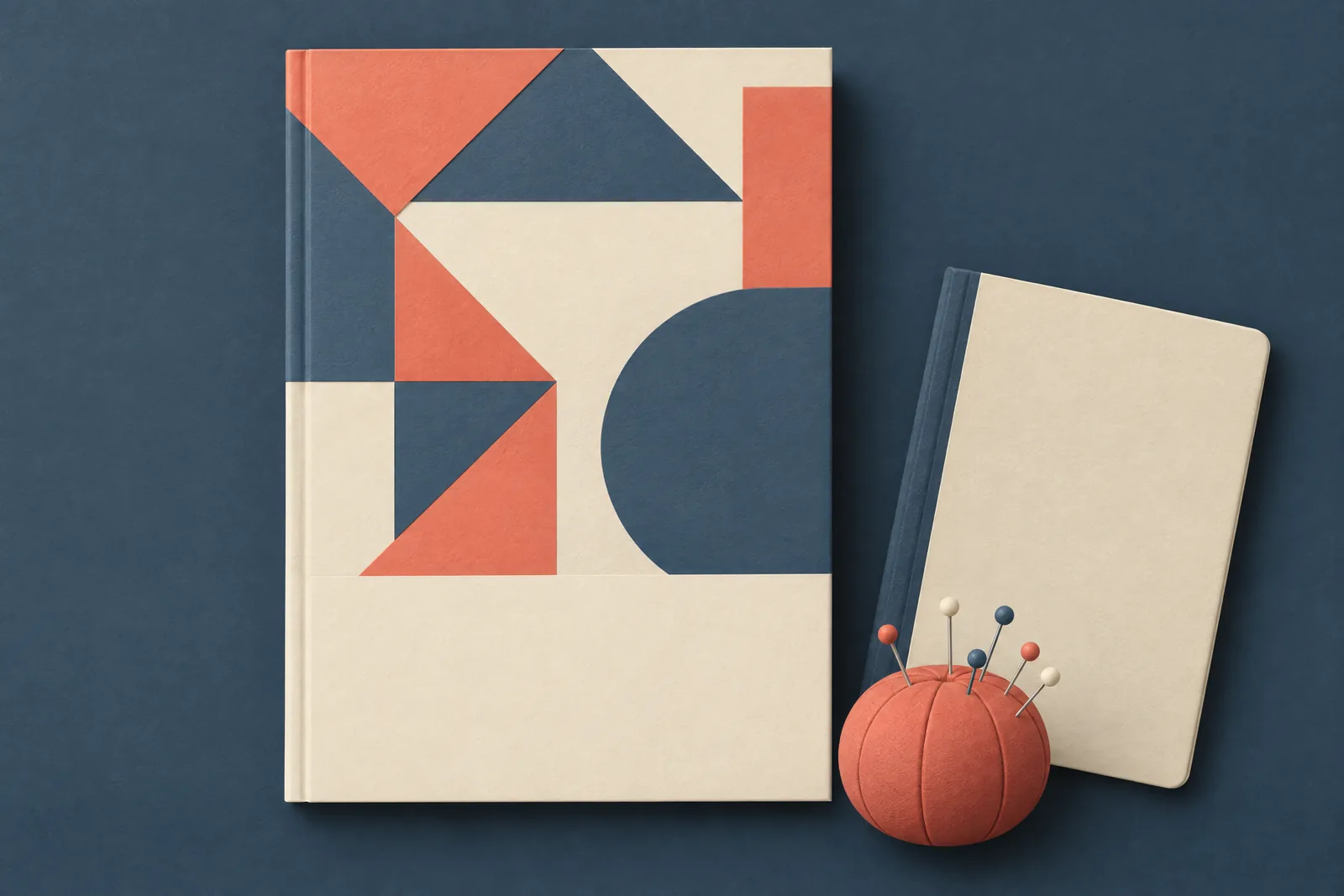 A dye studio still life of a ebook product arranged with a round pin cushion, in coral, sand, slate, and cream.