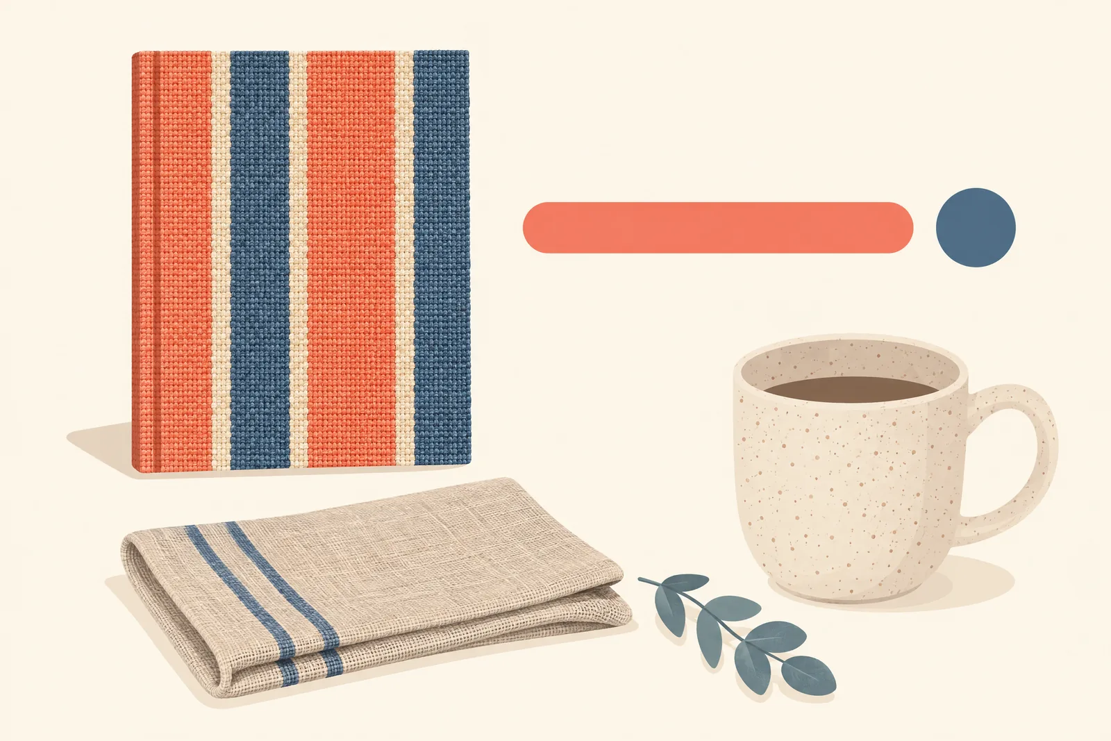A boat cabin still life of a general product arranged with a folded linen napkin, in coral, sand, slate, and cream.
