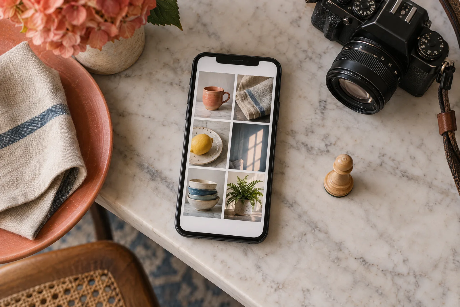 A dining alcove still life of a photo product arranged with a wooden chess pawn, in coral, sand, slate, and cream.