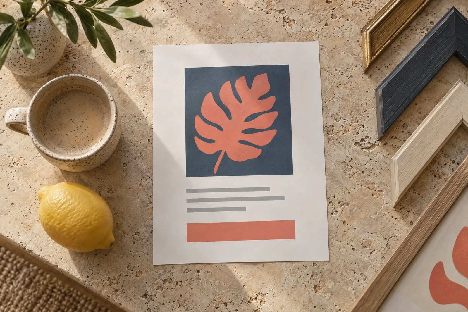 A frame shop still life of a general product arranged with a lemon, in coral, sand, slate, and cream.