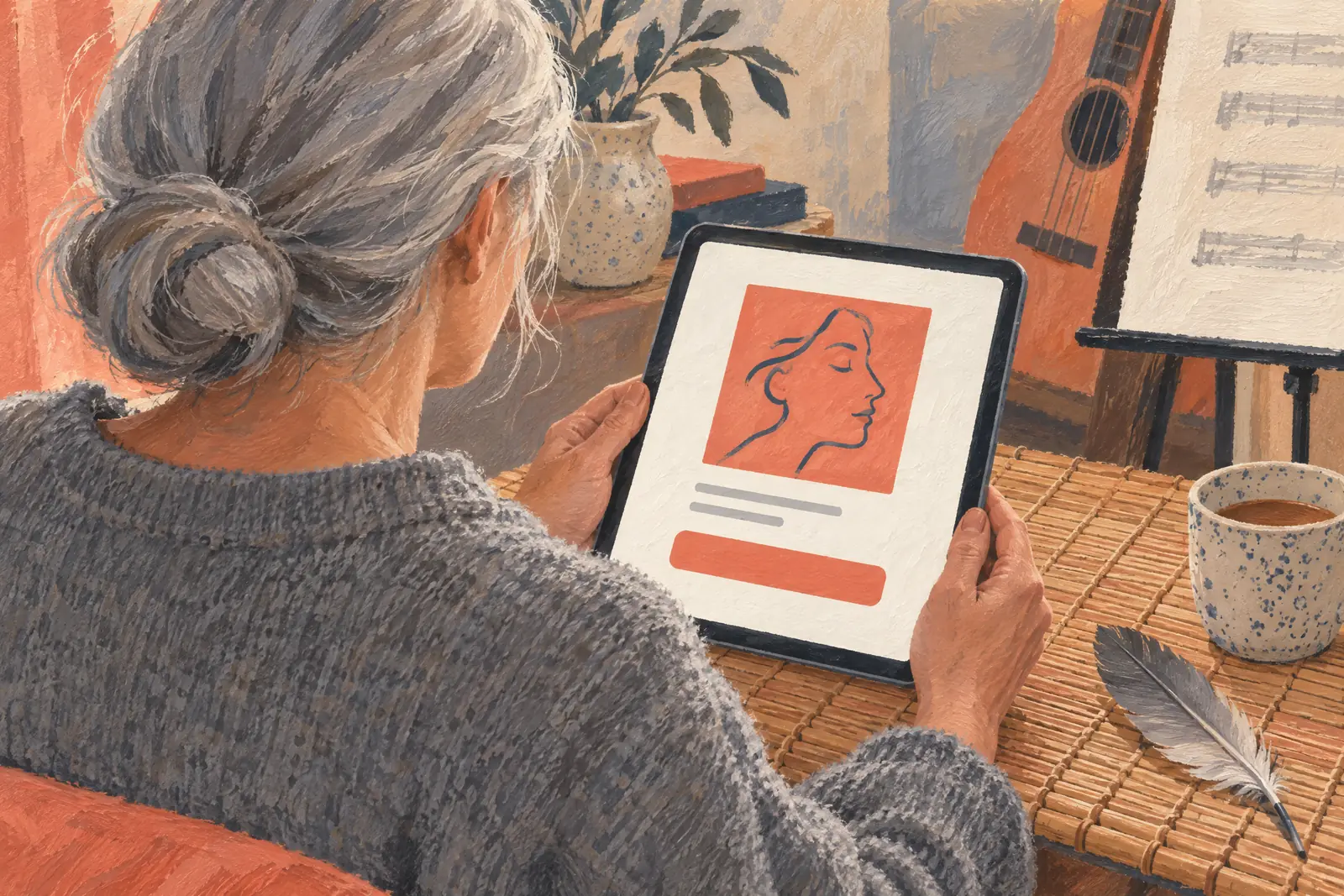 A woman in her fifties with silver hair in a low bun in a heather gray wool sweater at a rehearsal corner looks at a screen showing a general product for sale, with a gray feather beside them.