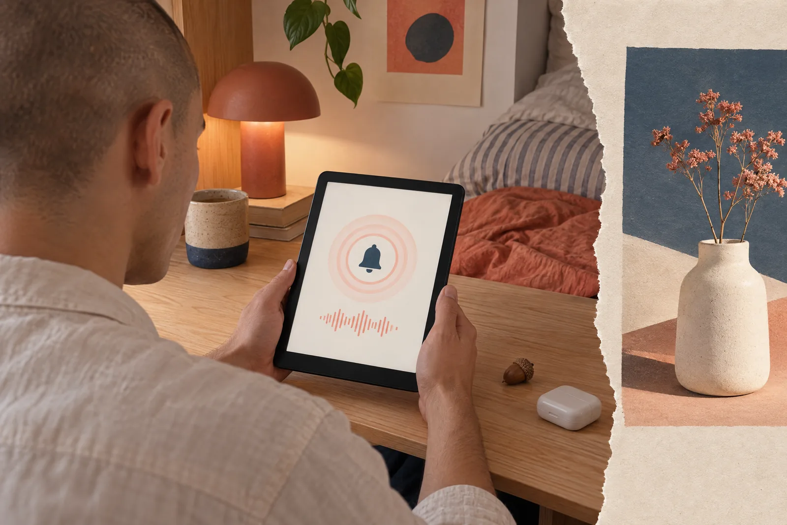 A man in his twenties with a shaved head in a cream linen shirt at a bedroom alcove looks at a screen showing a ringtone product for sale, with an acorn beside them.