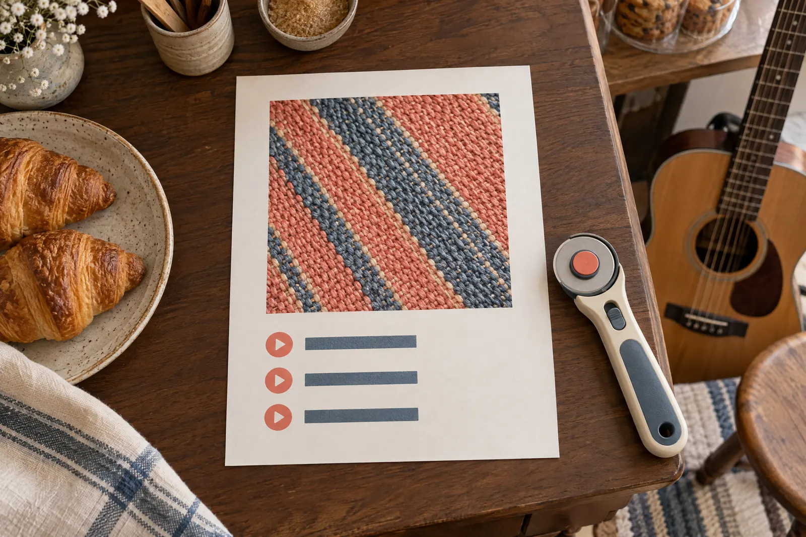 A bakery side counter still life of a music product arranged with a rotary cutter, in coral, sand, slate, and cream.