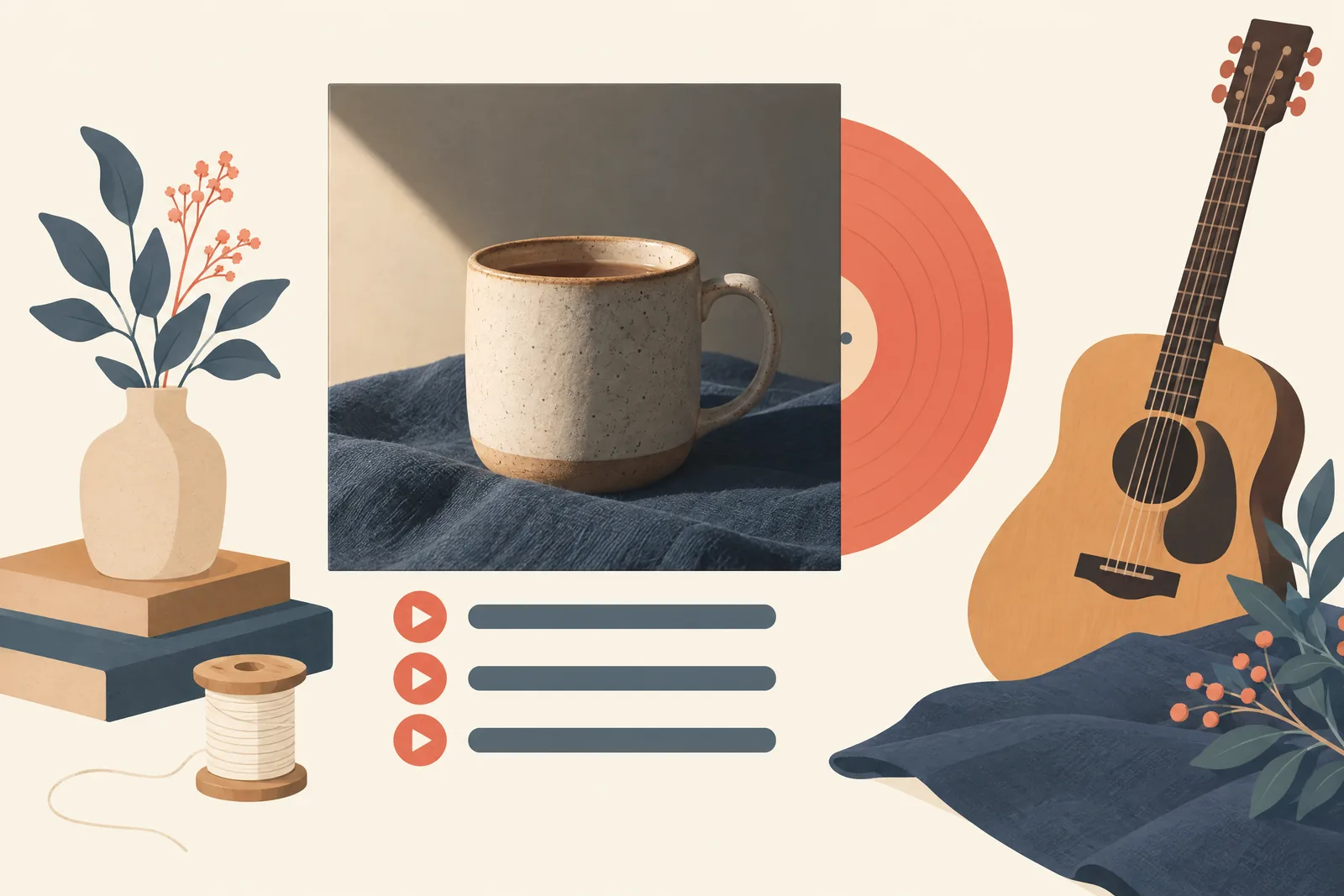 A flower workroom still life of a music product arranged with a wooden spool of cream thread, in coral, sand, slate, and cream.