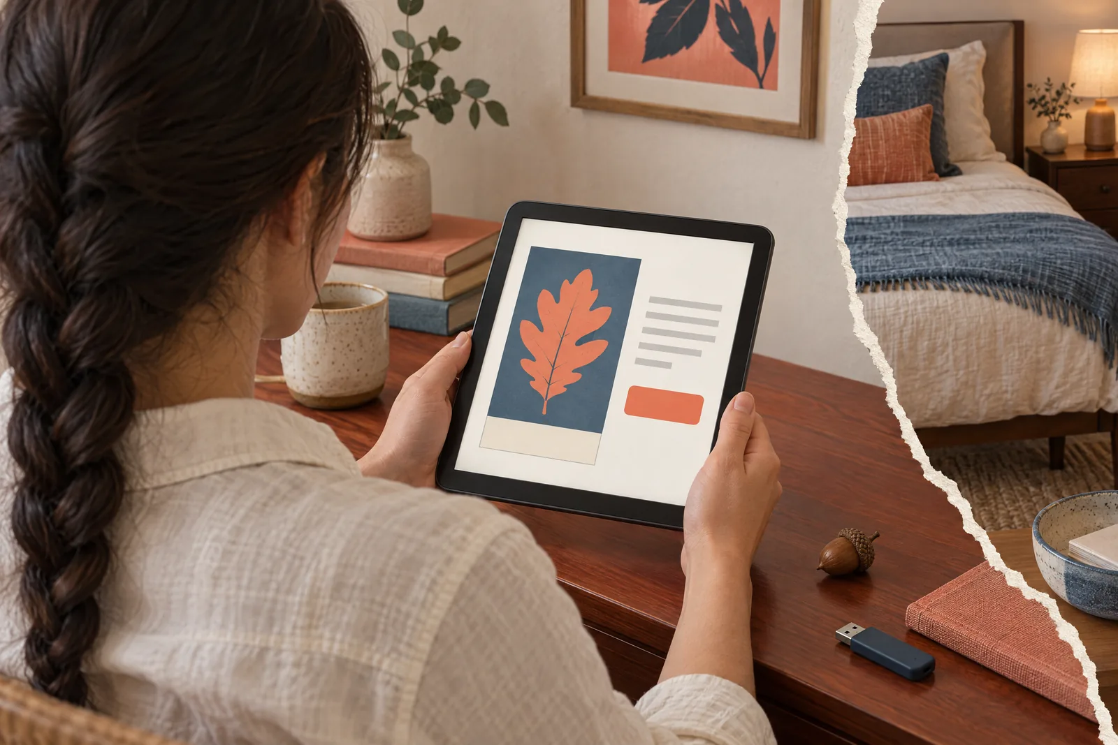 A woman in her twenties with a long dark braid in a cream linen shirt at a guest room looks at a screen showing a software product for sale, with an acorn beside them.