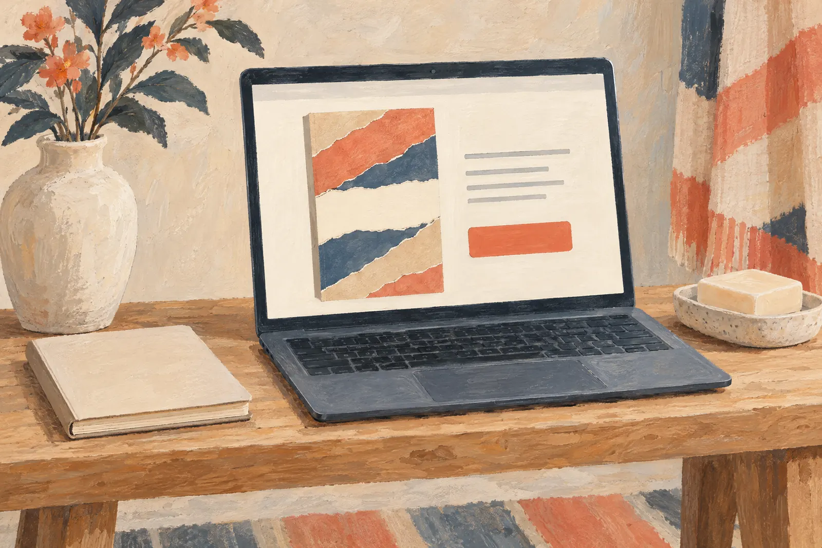 A schoolroom desk still life of a book product arranged with a bar of cream soap, in coral, sand, slate, and cream.