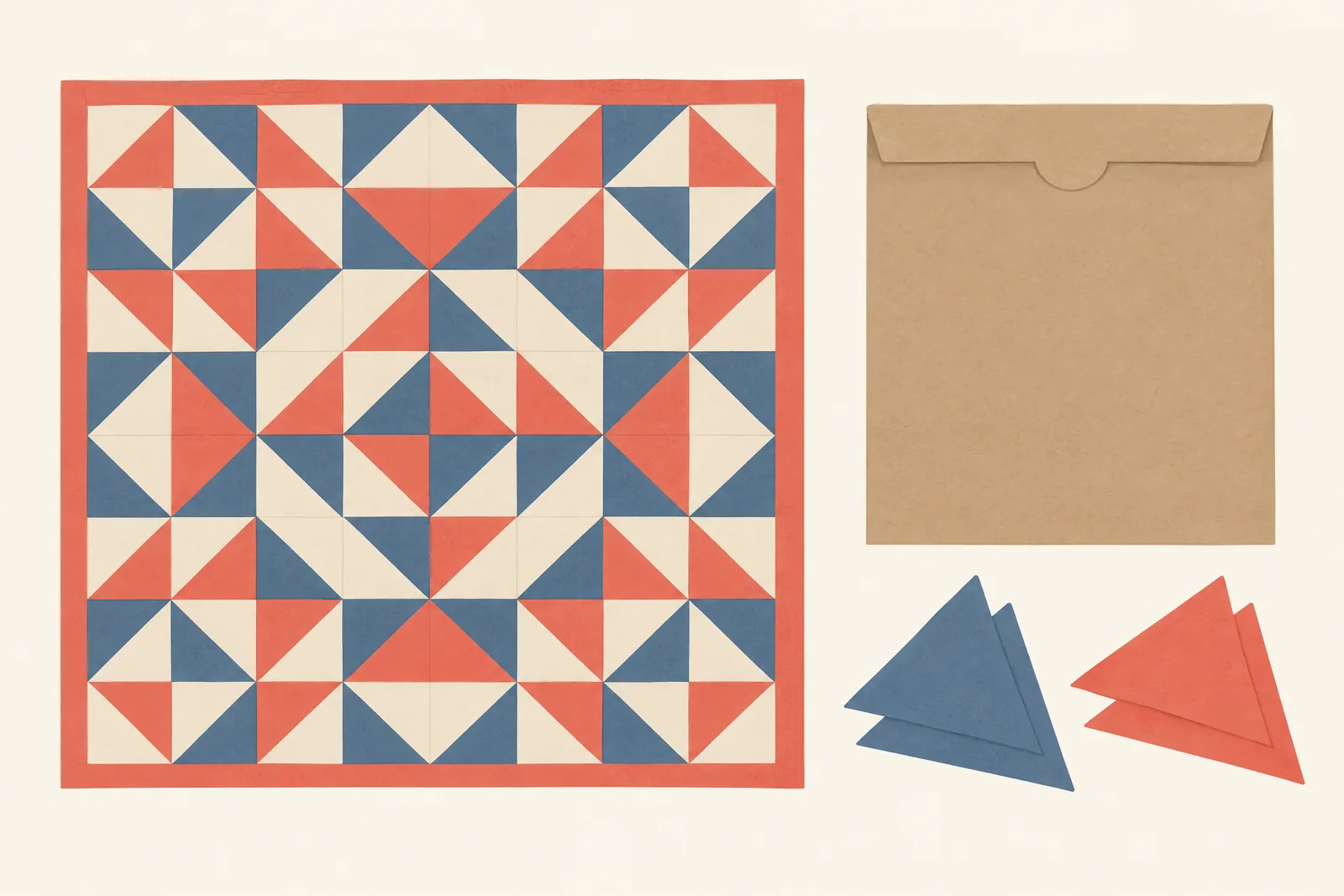 A weave studio still life of a craft product arranged with a flat kraft sleeve, in coral, sand, slate, and cream.