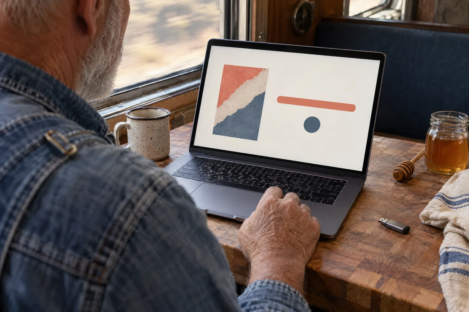A man in his sixties with a close-cropped white beard in a denim overalls at a train compartment looks at a screen showing a software product for sale, with a honey dipper beside them.