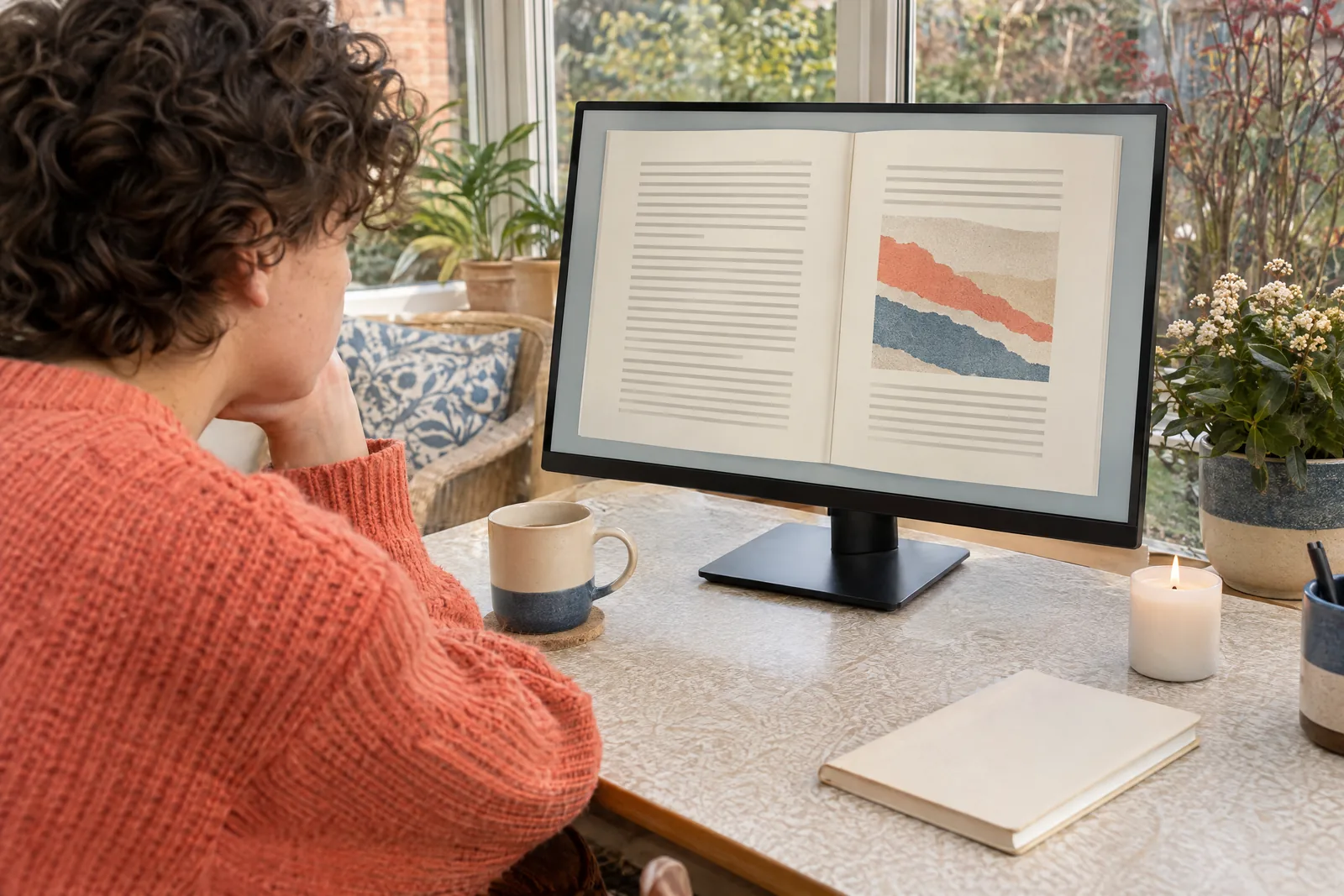 A teenager with curly hair in a coral knit sweater at a conservatory looks at a screen showing a book product for sale, with a short white candle beside them.