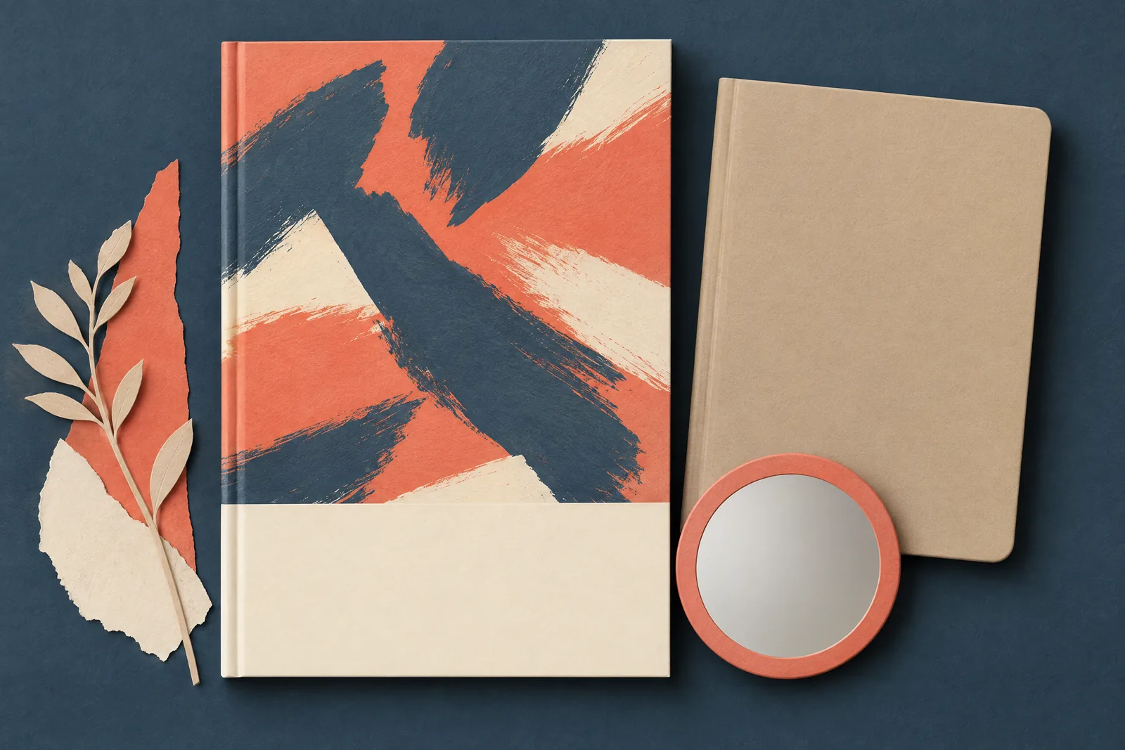 A music room still life of a ebook product arranged with a small round mirror, in coral, sand, slate, and cream.