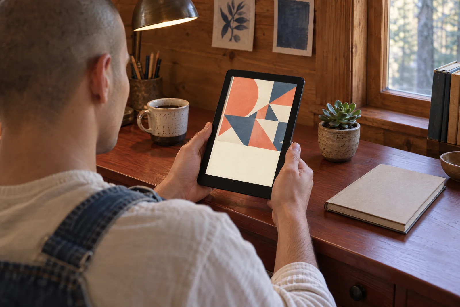 A man in his twenties with a shaved head in a denim overalls at a writing cabin looks at a screen showing a ebook product for sale, with a tiny succulent beside them.