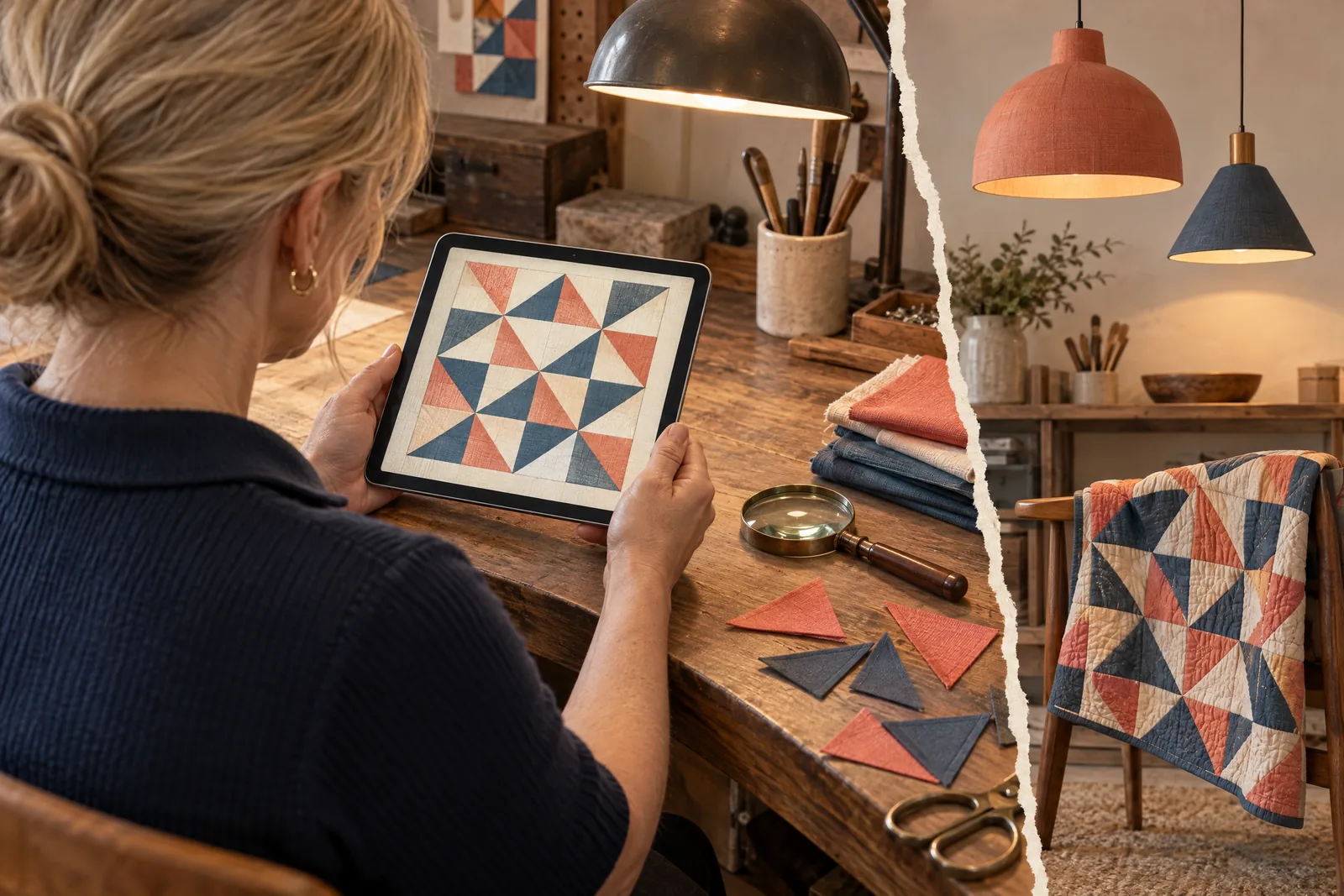 A woman in her forties with blonde hair tied back in a navy knit polo at a lamp workshop looks at a screen showing a craft product for sale, with a magnifying glass beside them.