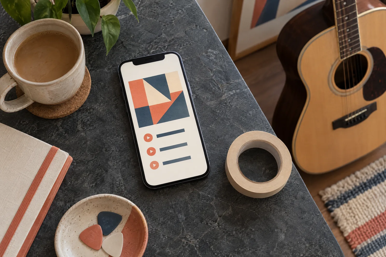 A studio apartment still life of a music product arranged with a roll of masking tape, in coral, sand, slate, and cream.