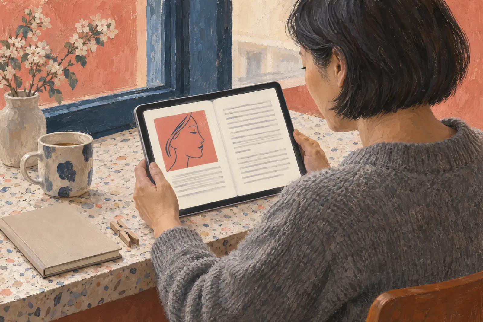 An east asian woman in her forties with a short bob in a heather gray wool sweater at a photo bay looks at a screen showing a book product for sale, with a wooden clothespin beside them.