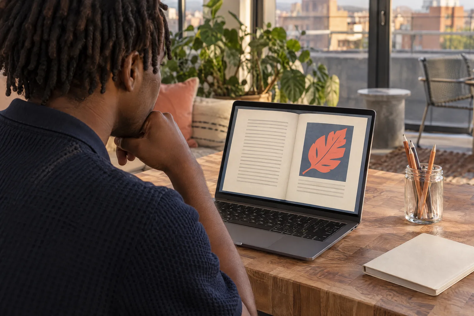 A young man with short locs in a navy knit polo at a rooftop room looks at a screen showing a book product for sale, with a glass jar of pencils beside them.
