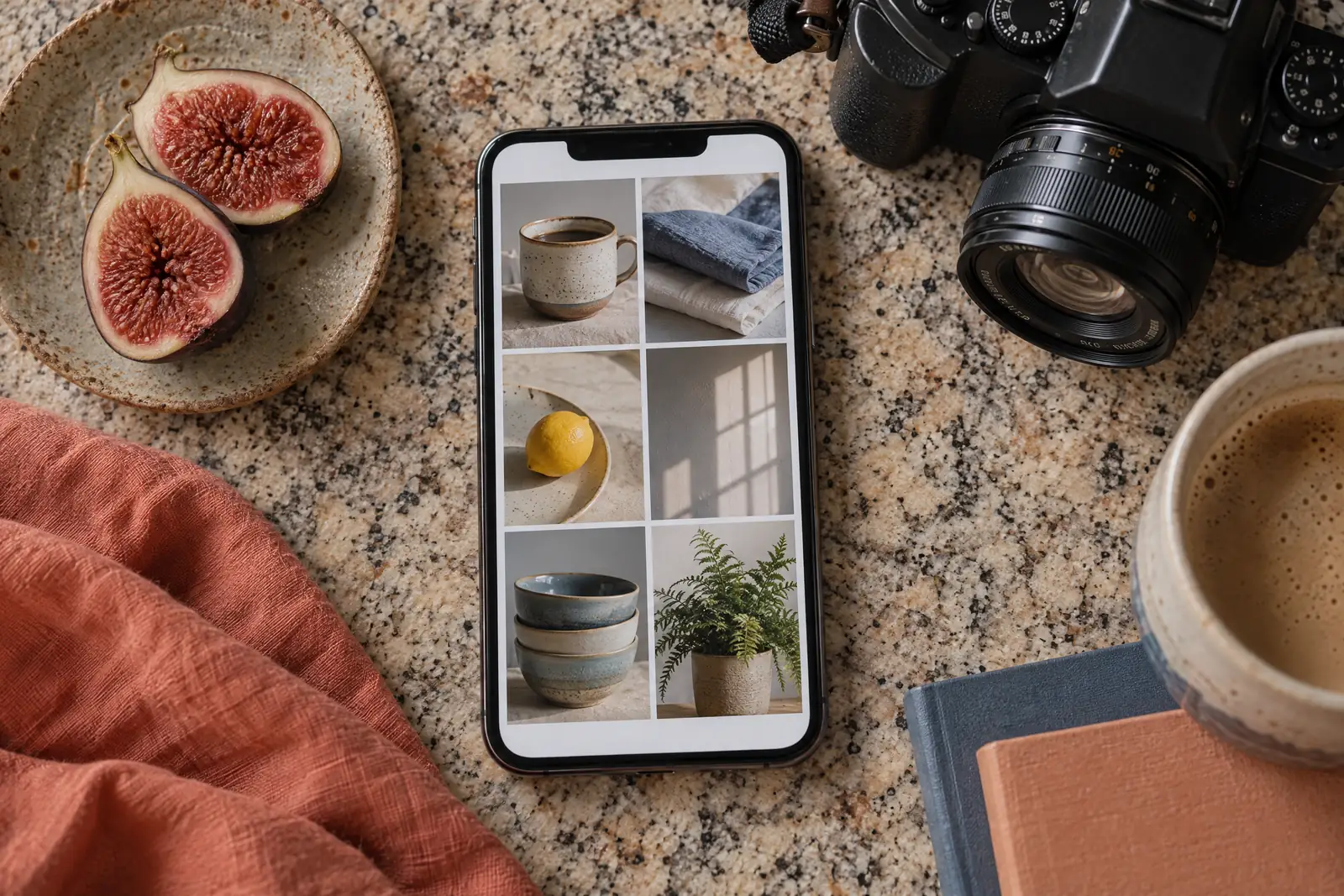 A paper studio still life of a photo product arranged with a split fig, in coral, sand, slate, and cream.
