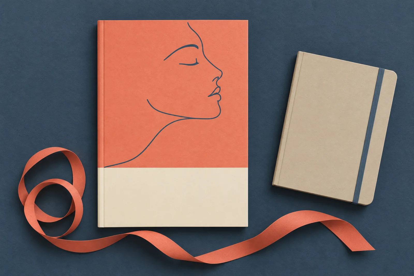 A hotel desk still life of a ebook product arranged with a coiled coral ribbon, in coral, sand, slate, and cream.