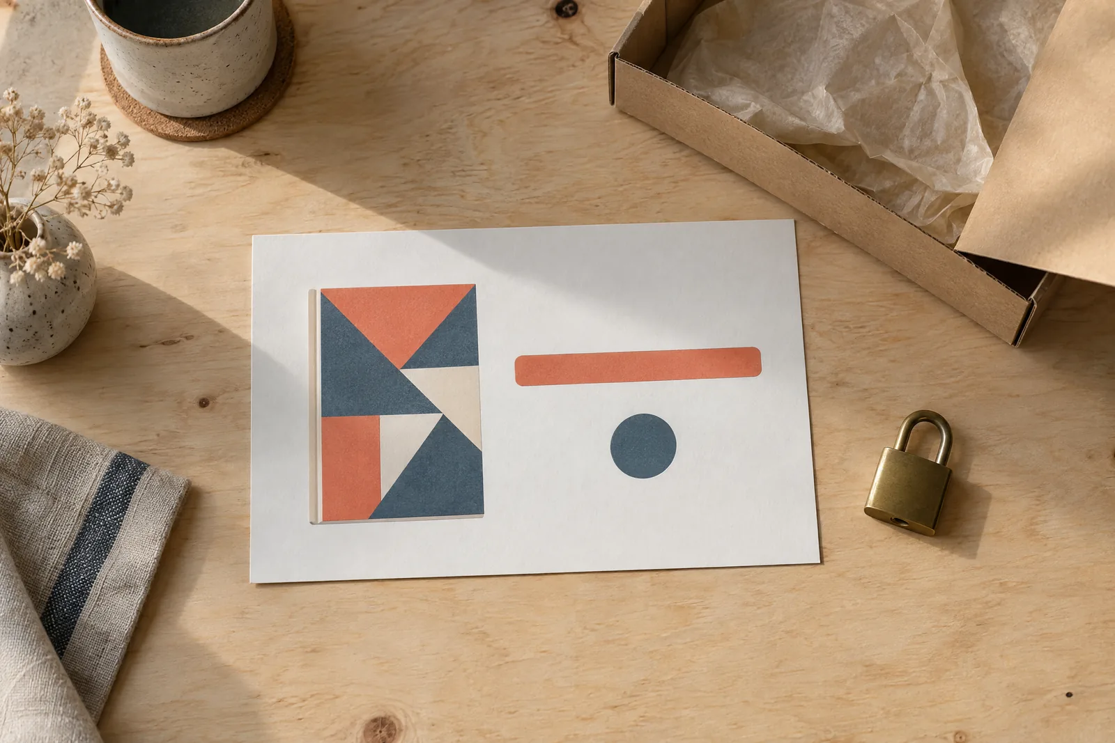 A rooftop room still life of a delivery product arranged with a small brass padlock, in coral, sand, slate, and cream.