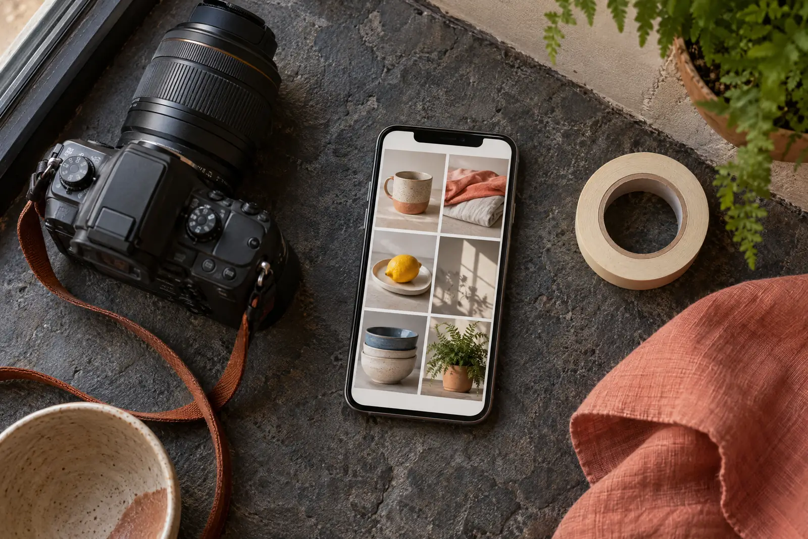 A loft corner still life of a photo product arranged with a roll of masking tape, in coral, sand, slate, and cream.