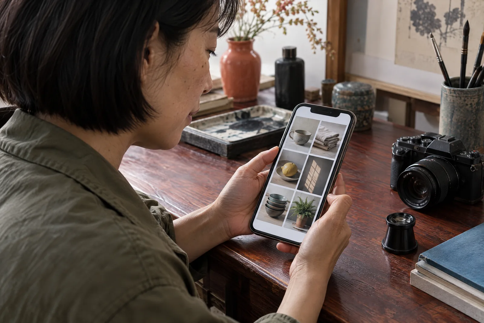 An east asian woman in her forties with a short bob in a olive field jacket at a ink studio looks at a screen showing a photo product for sale, with a film loupe beside them.