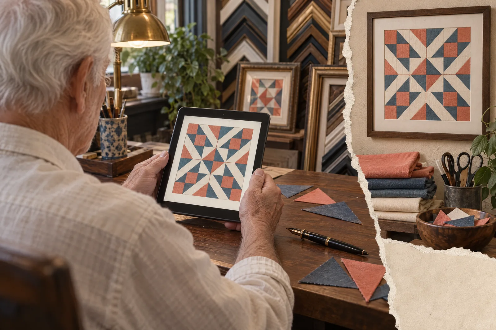 A man in his seventies with white hair in a cream linen shirt at a frame shop looks at a screen showing a craft product for sale, with a fountain pen beside them.