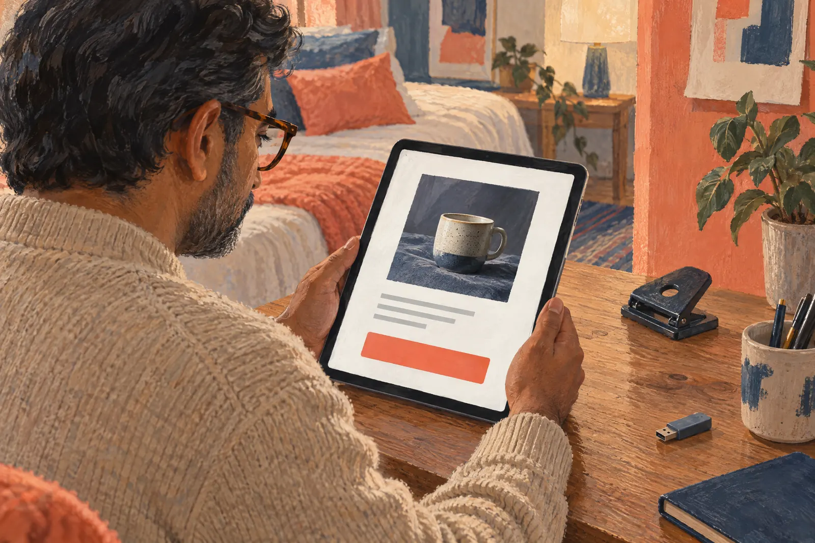 A south asian man in his forties with tortoiseshell glasses in a sand cardigan at a bedroom alcove looks at a screen showing a software product for sale, with a hole punch beside them.