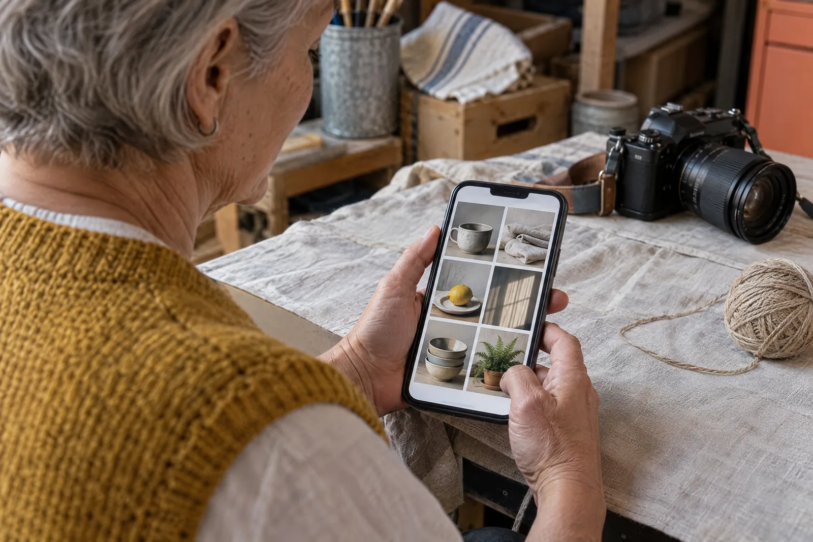 An older woman with cropped gray hair in a mustard knit vest at a garage workshop looks at a screen showing a photo product for sale, with a ball of twine beside them.