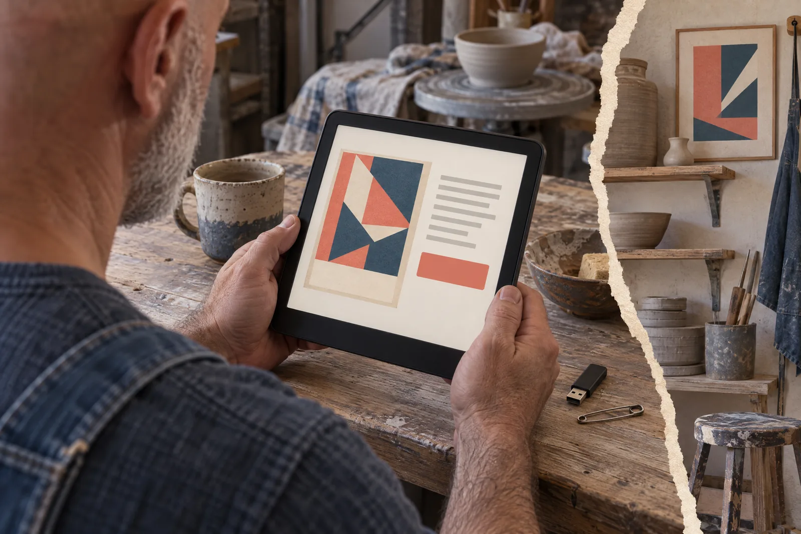 A bald man in his fifties with gray stubble in a denim overalls at a pottery shed looks at a screen showing a software product for sale, with a safety pin beside them.