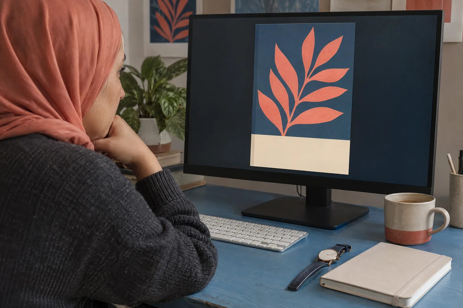 A woman in her thirties wearing a headscarf in a charcoal sweater at a editing bay looks at a screen showing a ebook product for sale, with a wristwatch with a blank face beside them.