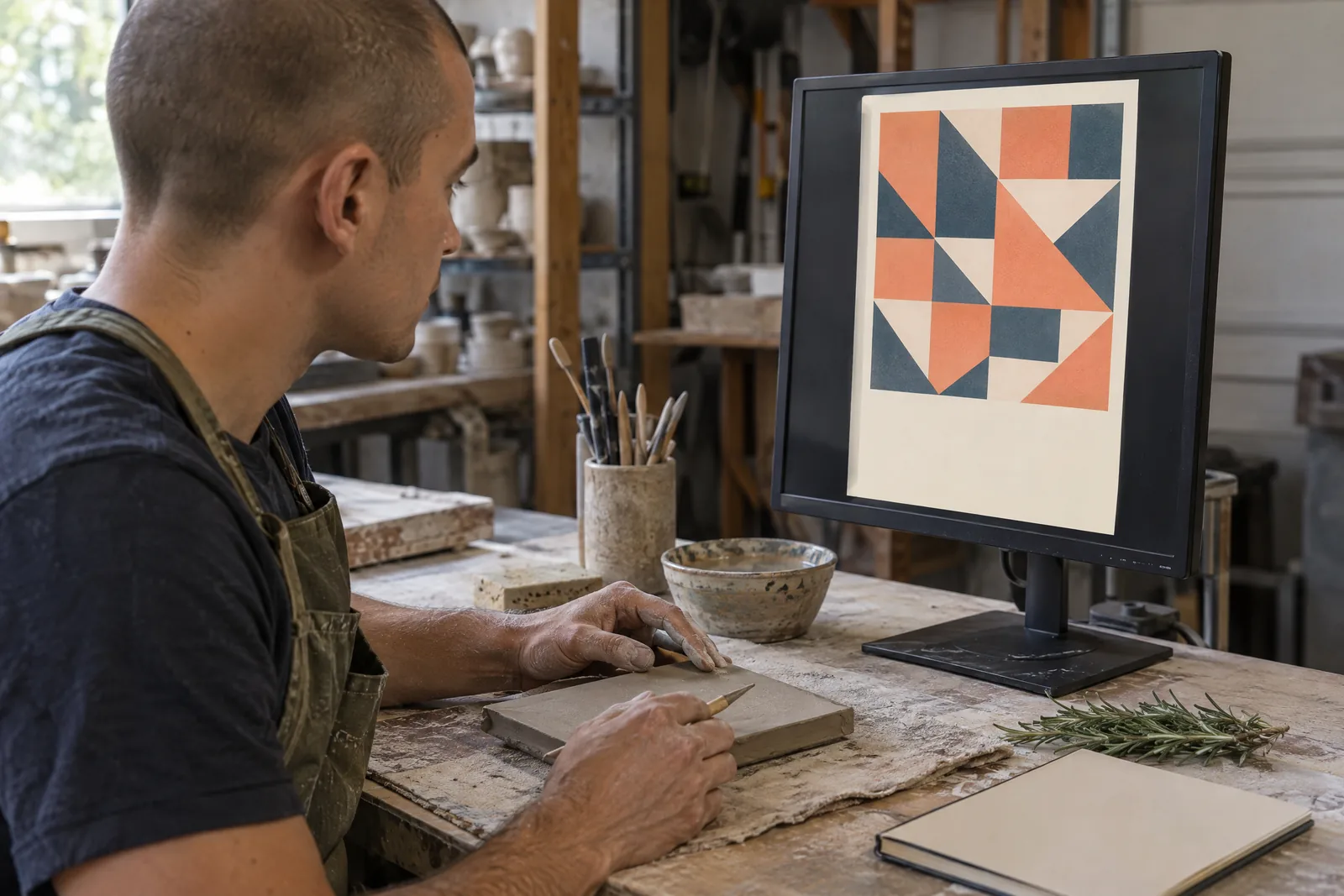 A man in his twenties with a shaved head in a green canvas apron at a garage workshop looks at a screen showing a book product for sale, with a sprig of rosemary beside them.