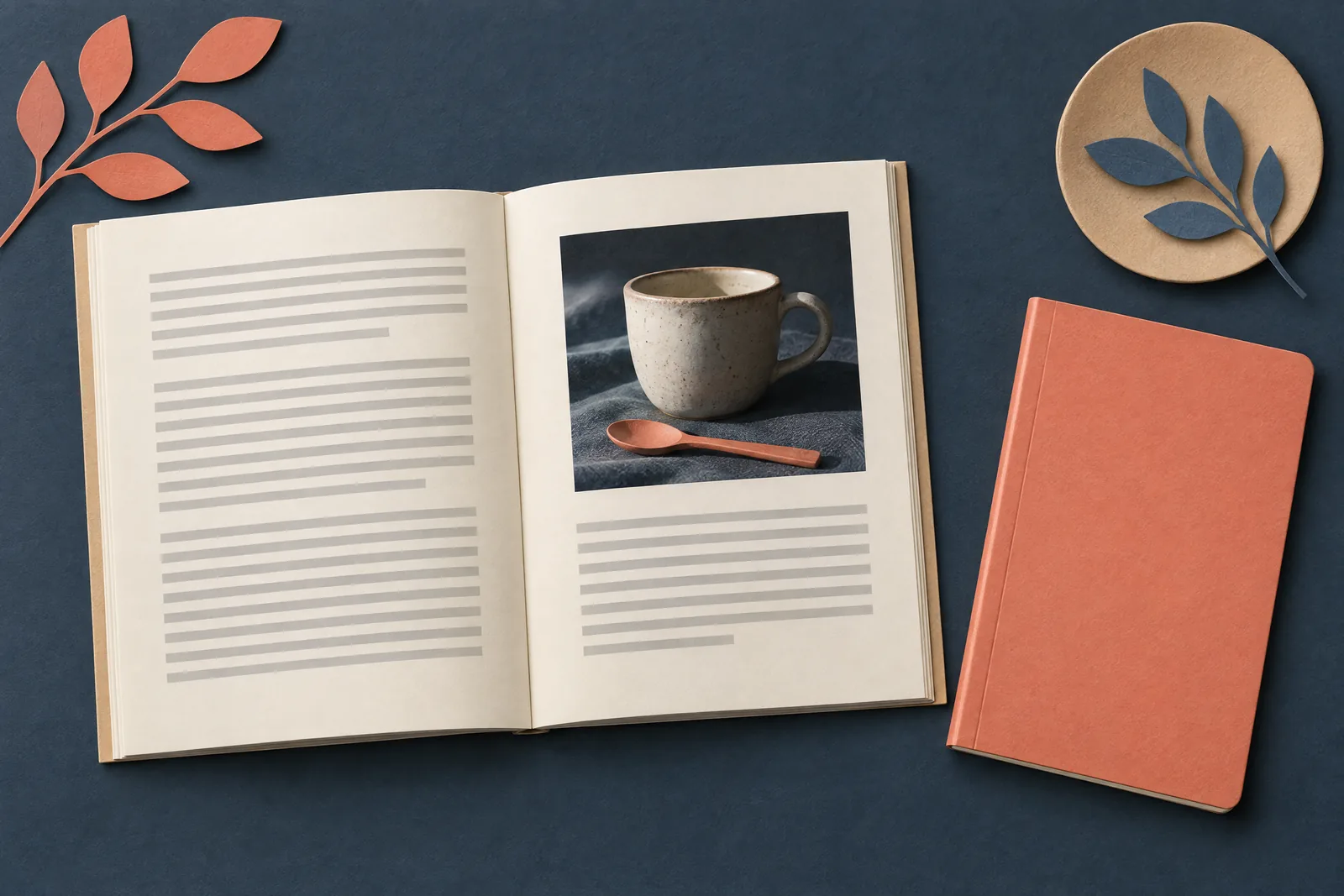 A dining alcove still life of a book product arranged with a wooden spoon, in coral, sand, slate, and cream.