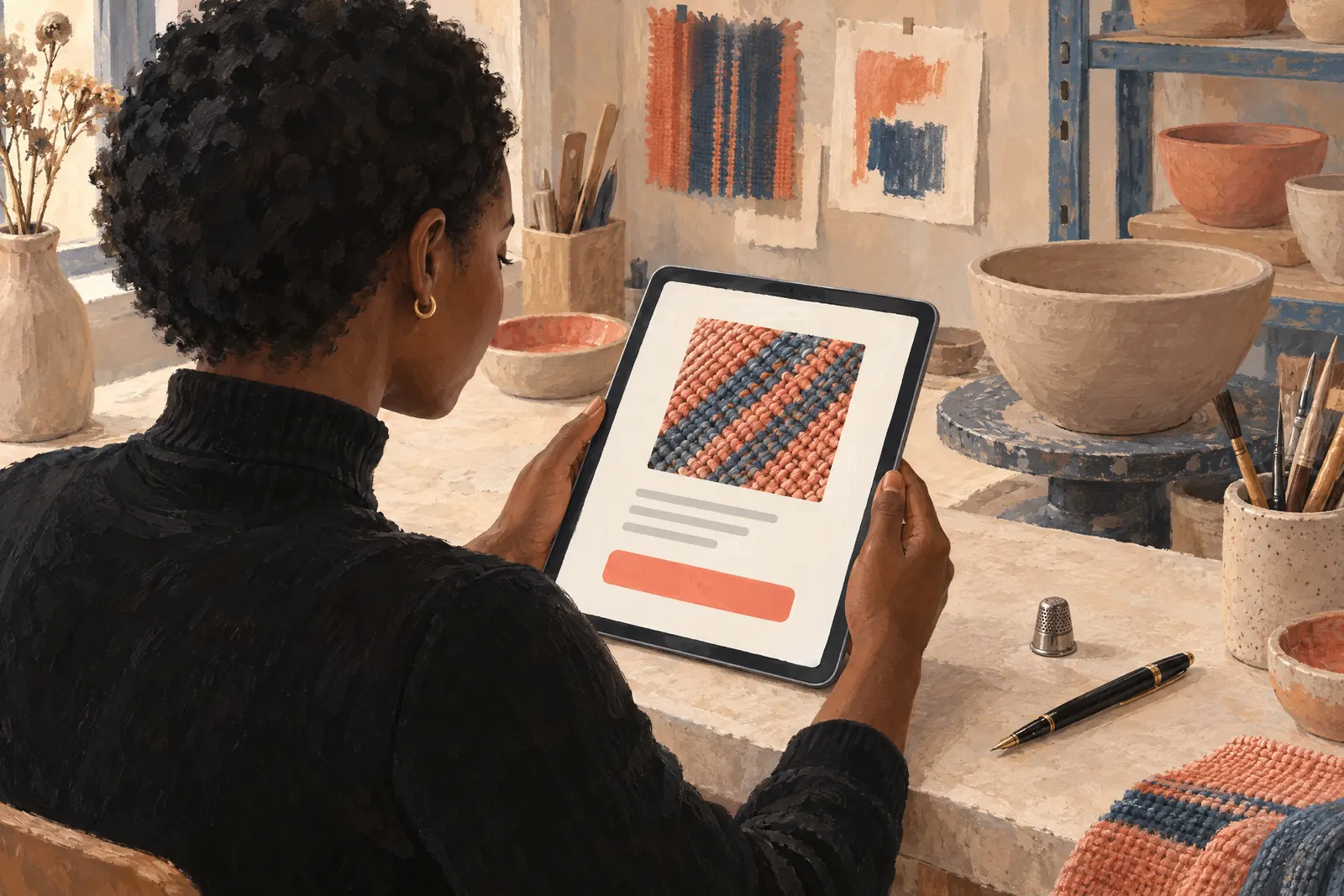 A black woman in her twenties with short natural hair in a black turtleneck at a clay studio looks at a screen showing a payment product for sale, with a metal thimble beside them.