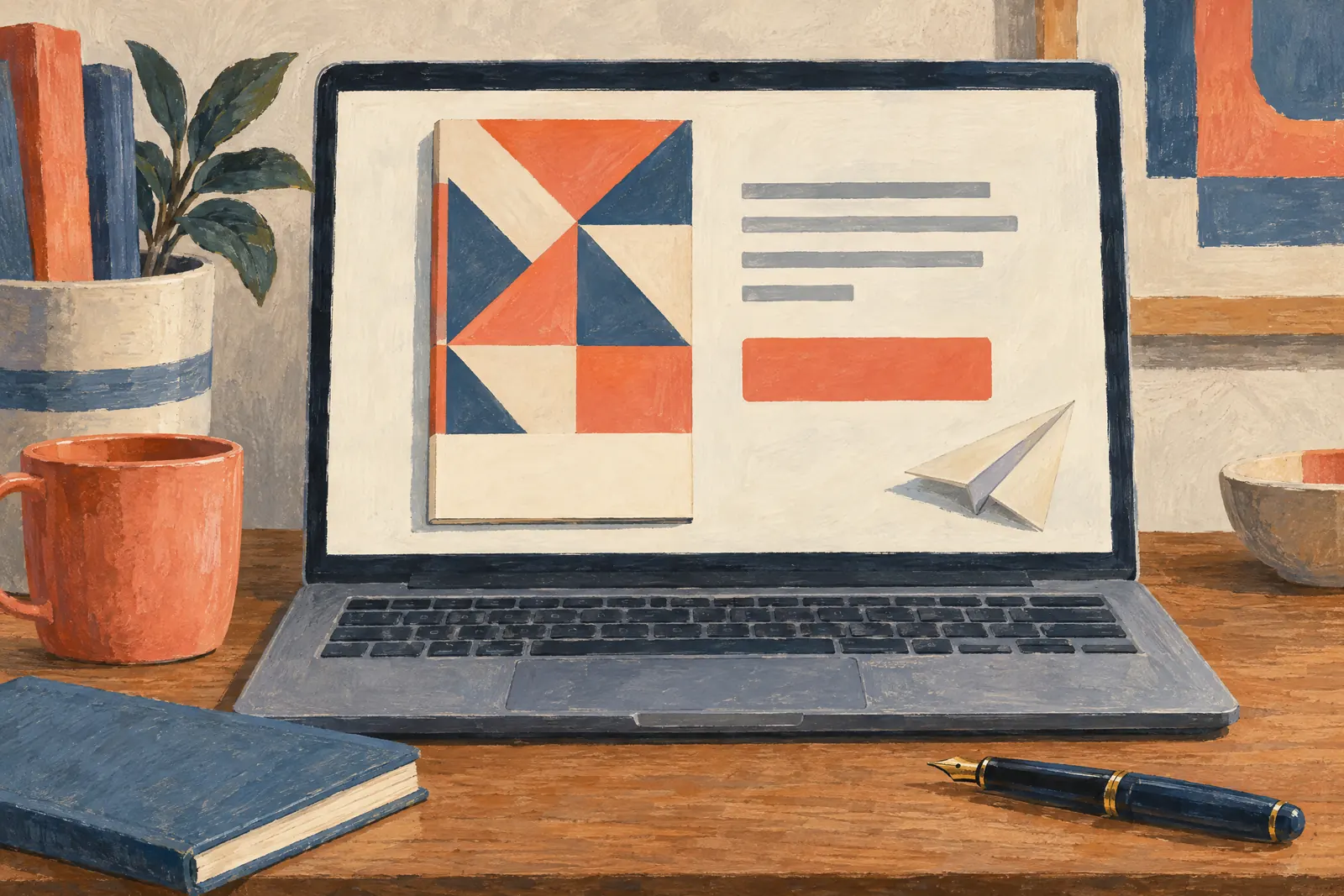 A kitchen nook still life of a payment product arranged with a paper airplane, in coral, sand, slate, and cream.