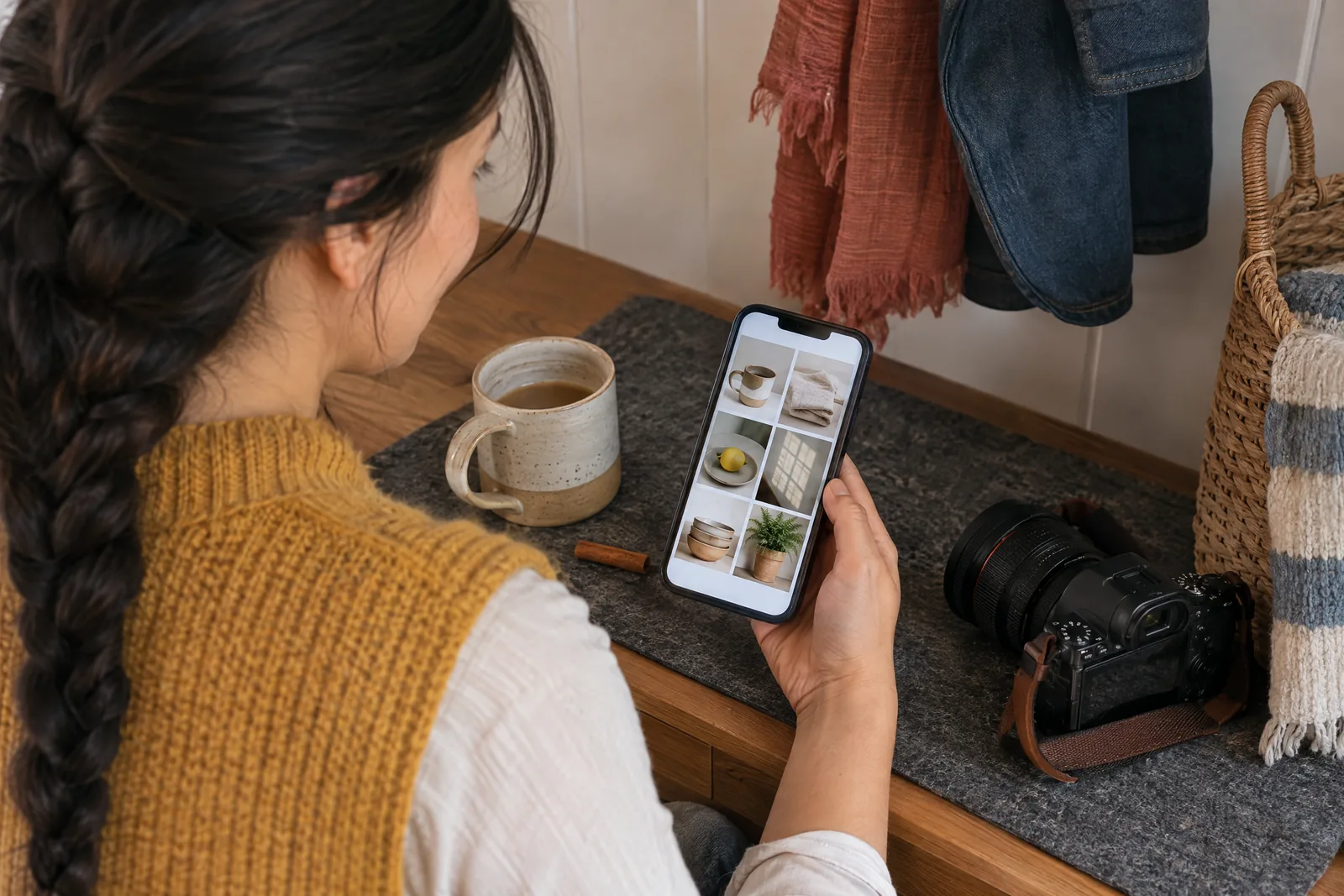 A woman in her twenties with a long dark braid in a mustard knit vest at a mudroom bench looks at a screen showing a photo product for sale, with a cinnamon stick beside them.