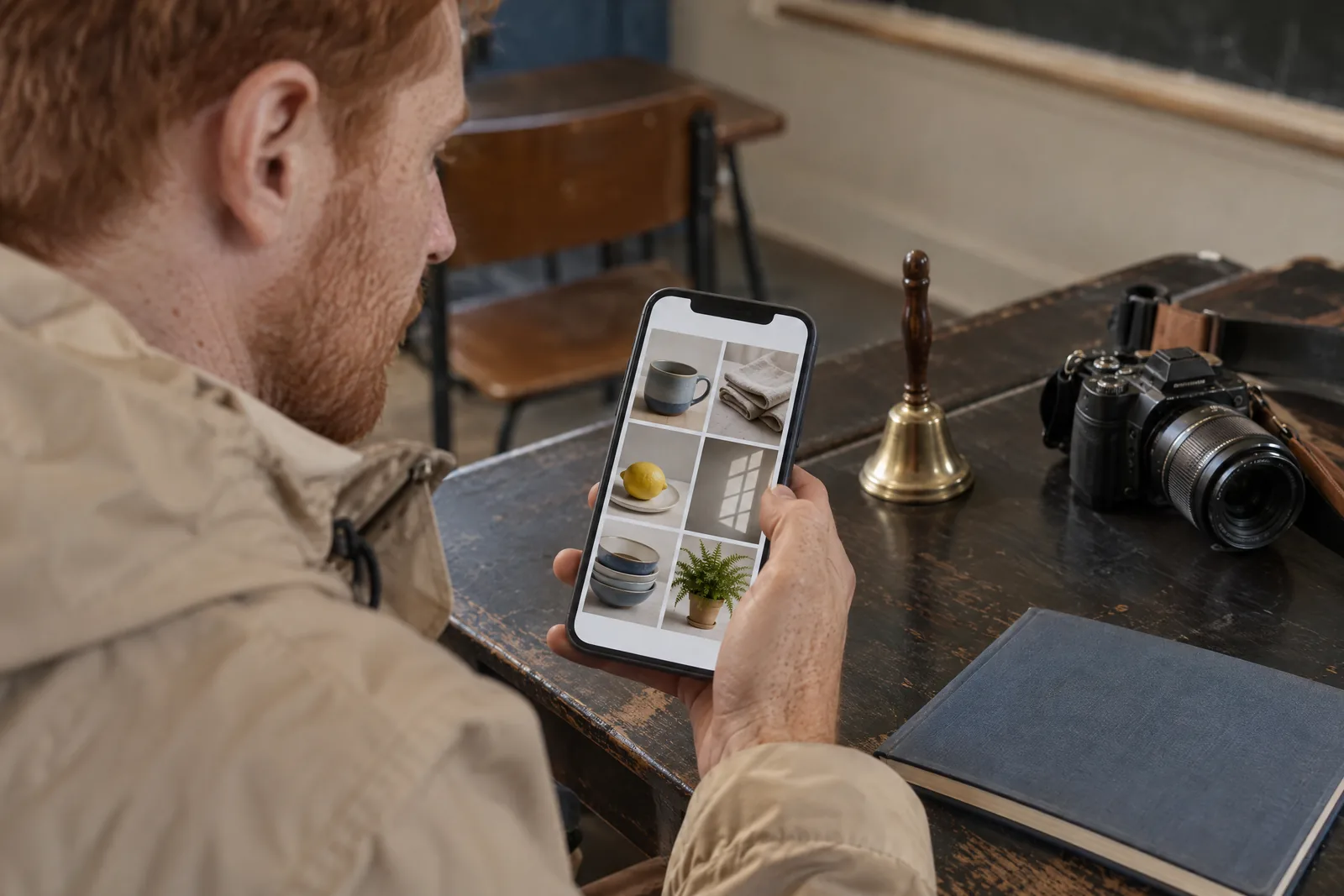 A man in his thirties with red hair and freckles in a sand rain jacket at a schoolroom desk looks at a screen showing a photo product for sale, with a small brass bell beside them.