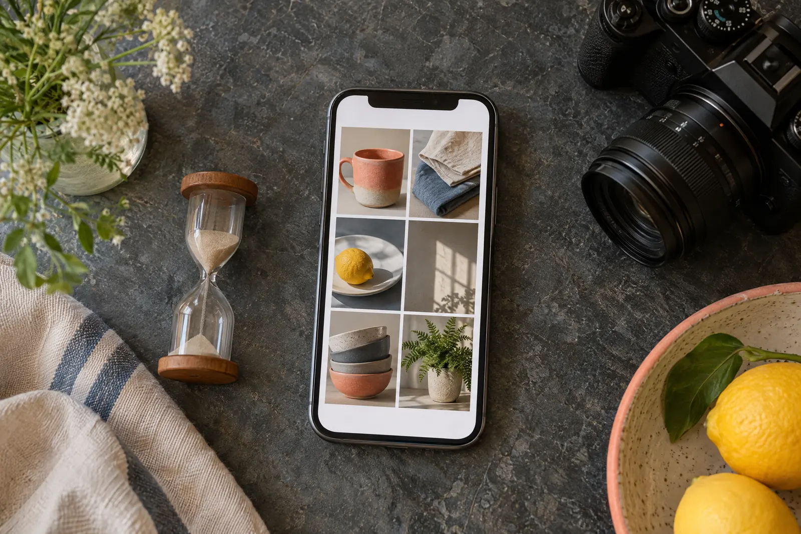 A garden shed still life of a photo product arranged with a small hourglass, in coral, sand, slate, and cream.