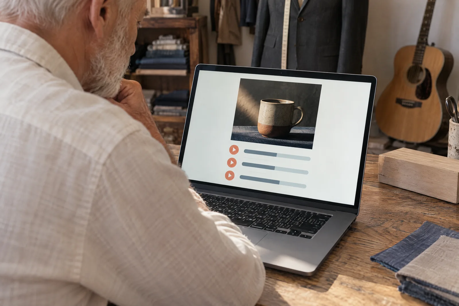 A man in his sixties with a close-cropped white beard in a cream linen shirt at a tailor shop looks at a screen showing a music product for sale, with a pale wooden block beside them.