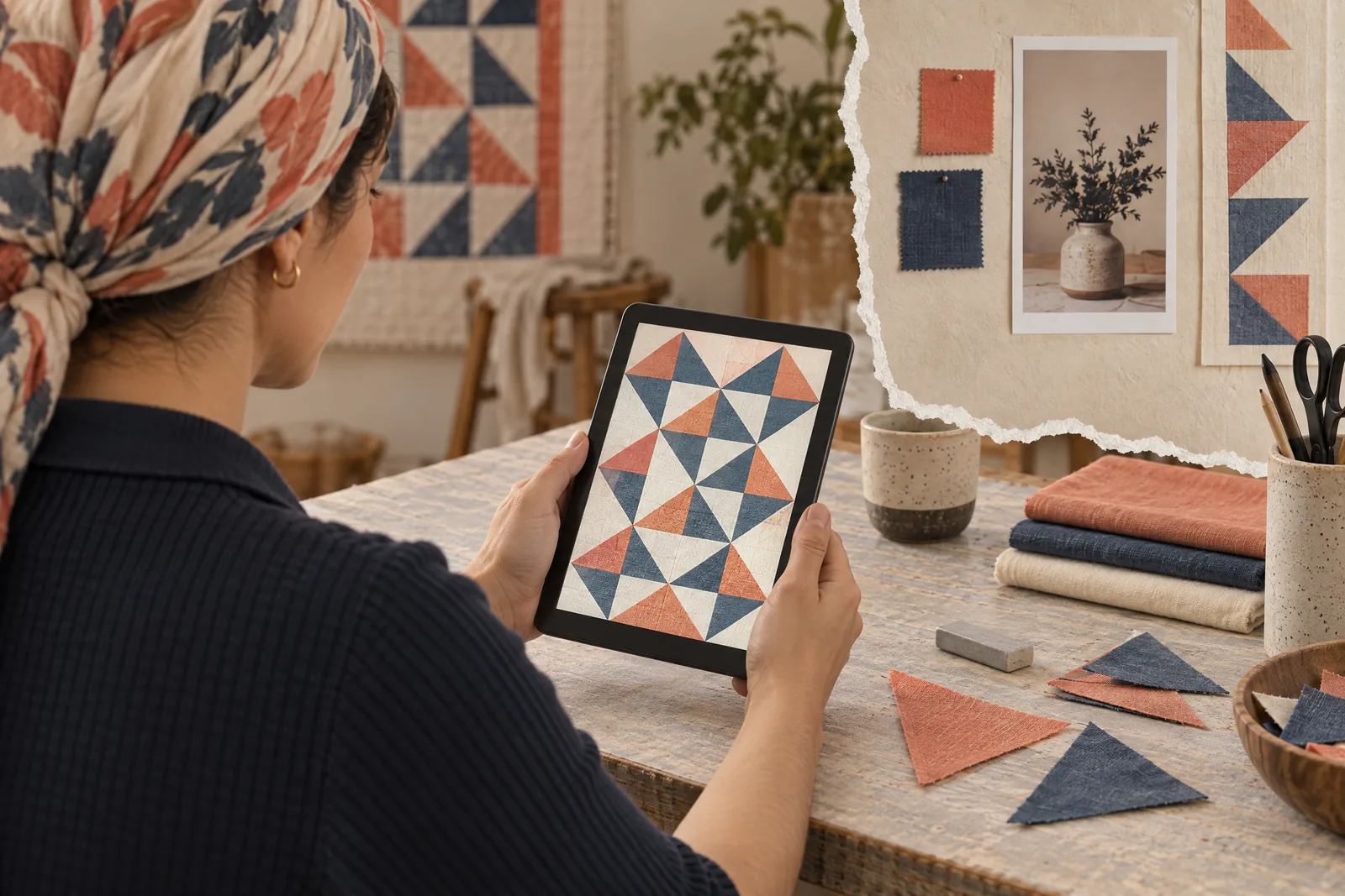 A woman in her thirties wearing a headscarf in a navy knit polo at a rehearsal corner looks at a screen showing a craft product for sale, with a gray eraser beside them.