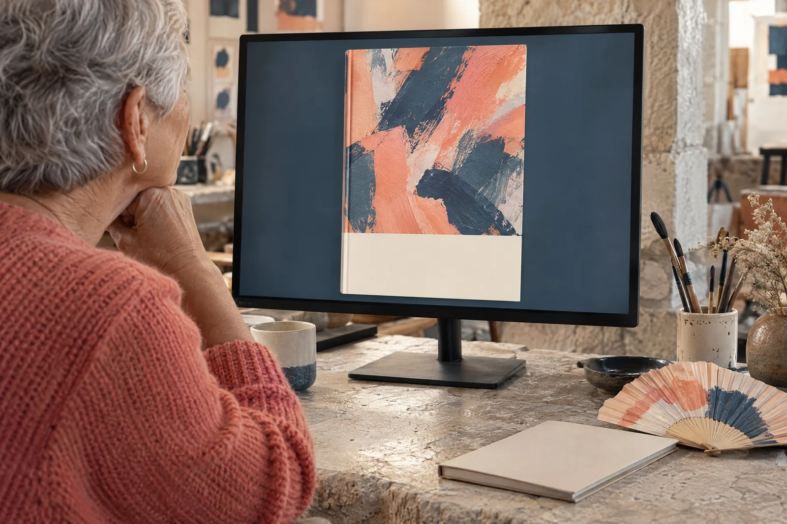 An older woman with cropped gray hair in a coral knit sweater at a ink studio looks at a screen showing a ebook product for sale, with a paper fan beside them.