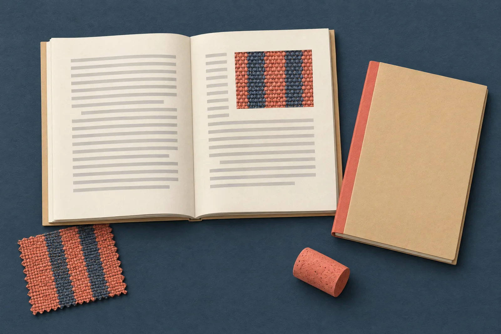 A loft corner still life of a book product arranged with a cork, in coral, sand, slate, and cream.