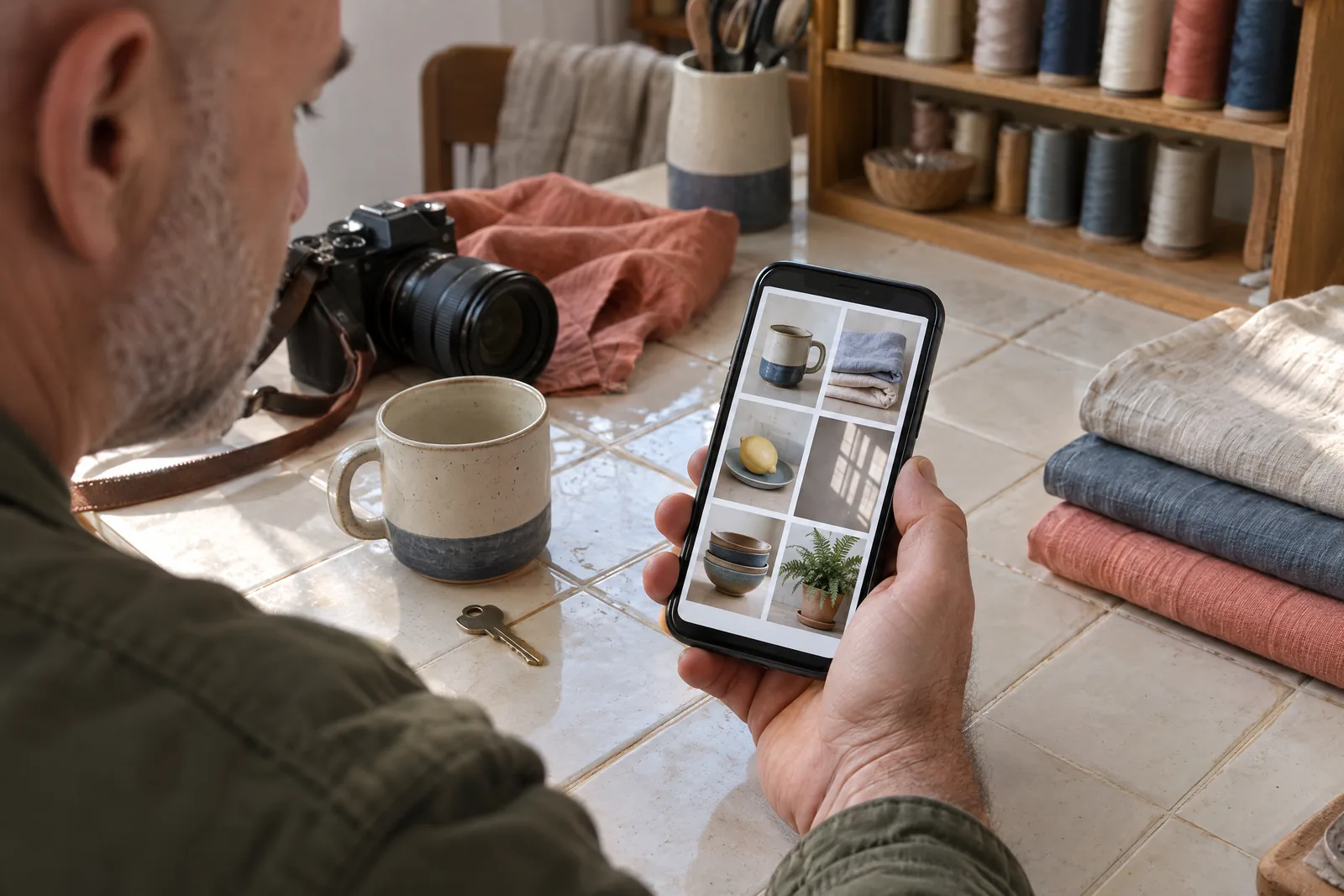 A bald man in his fifties with gray stubble in a olive field jacket at a sewing room looks at a screen showing a photo product for sale, with a house key beside them.