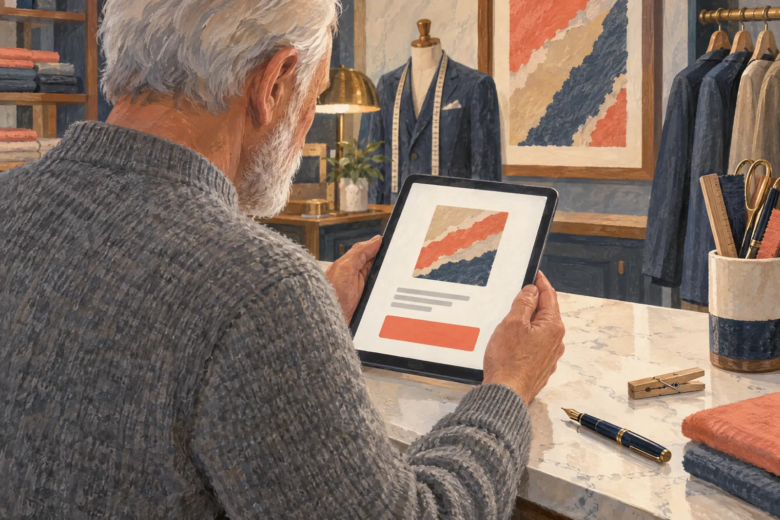 A man in his sixties with a close-cropped white beard in a heather gray wool sweater at a tailor shop looks at a screen showing a payment product for sale, with a wooden clothespin beside them.