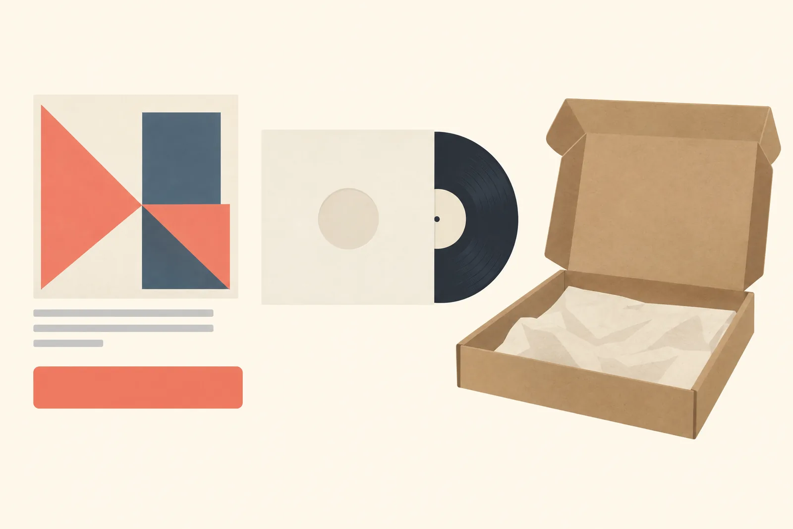 A window seat still life of a delivery product arranged with a blank vinyl sleeve, in coral, sand, slate, and cream.